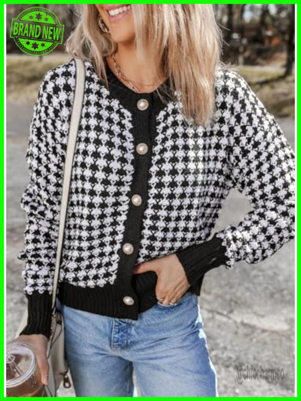 V Neck Button Down Long Sleeve Plaid Knit Cardigan Sweater